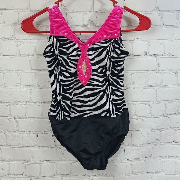 Dansco Hot Pink Zebra Dance Leotard Velour Plush Girls LC Large Belted Bodysuit - Picture 2 of 13